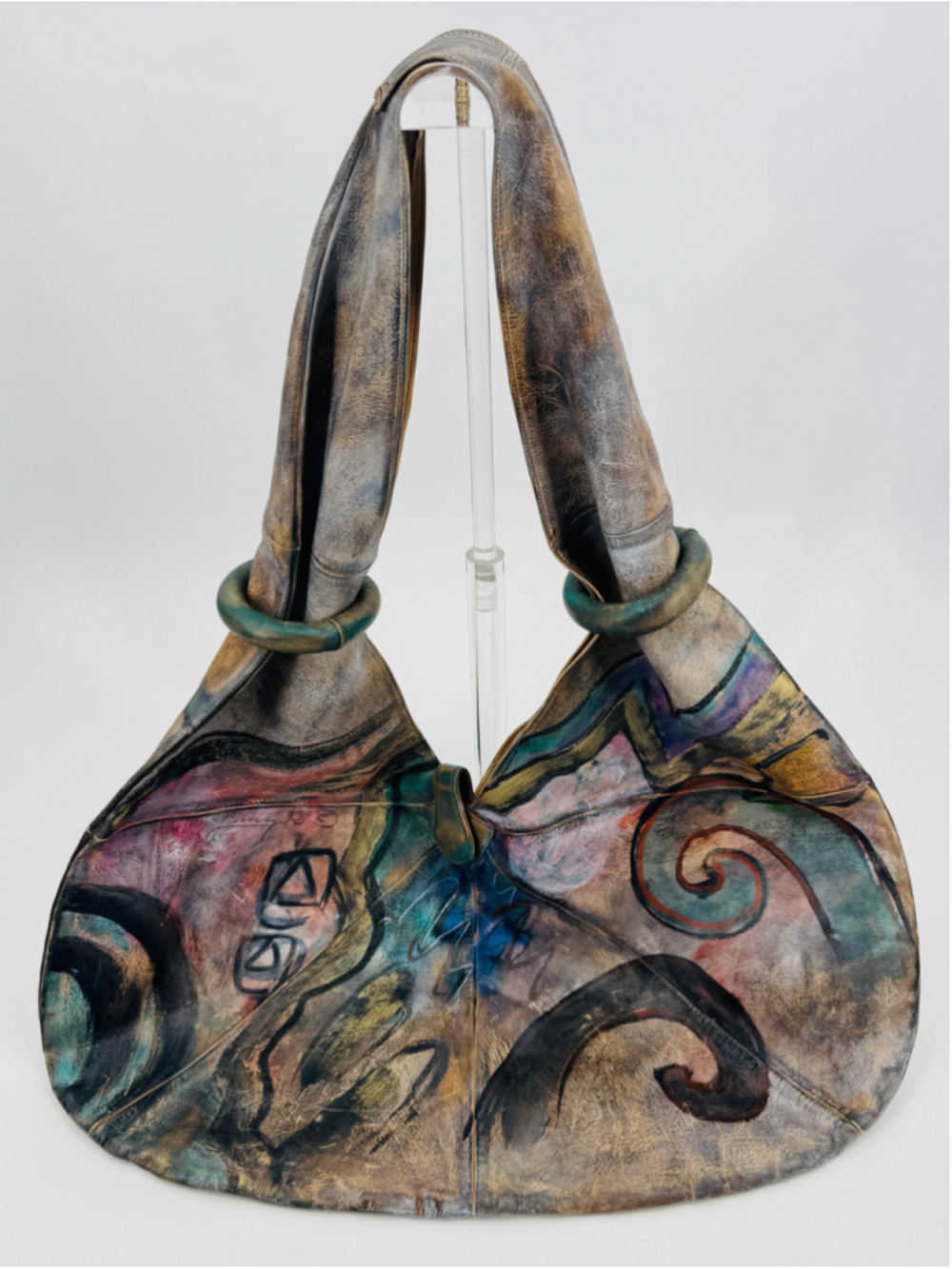 1980’s Jane Yoo Wearable Art Hand-Painted Leather Extra Large Hobo Bag